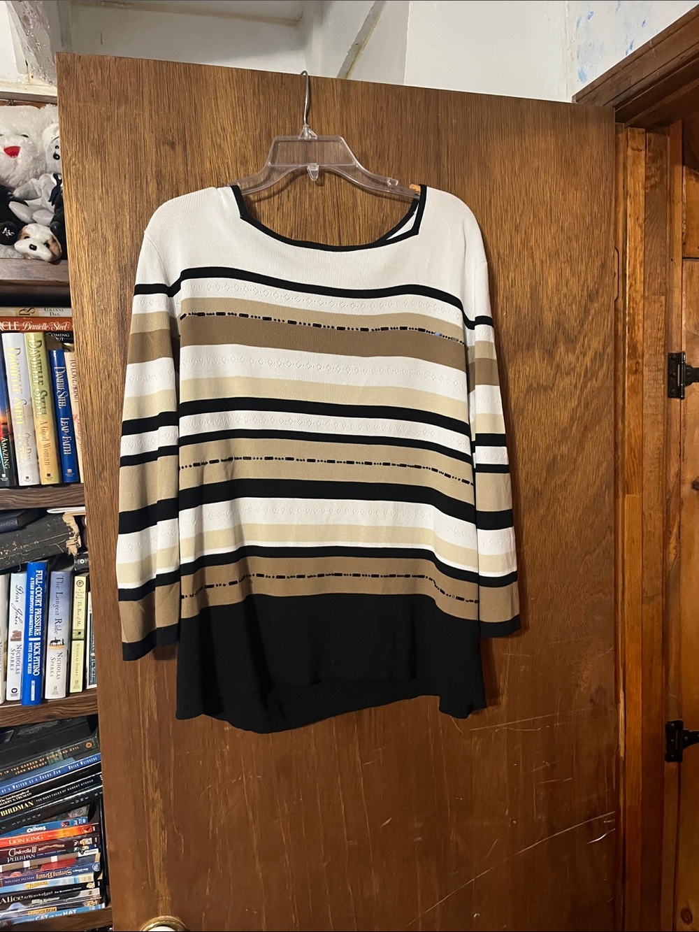 Alfred Dunner Black, White & Tan Striped Boatneck Top